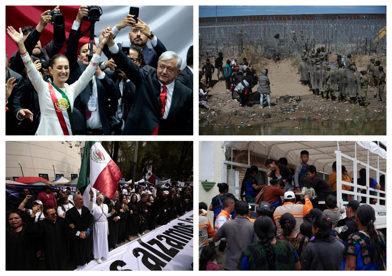 Combo de fotografías de archivo donde se muestra, desde la izquierda-arriba, a la presidenta de México Claudia Sheinbaum junto al expresidente de México Andrés Manuel López Obrador; a migrantes frente a integrantes de la Guardia Nacional de Texas; a personas protestando contra de la reforma judicial y pobladores desplazados regresando a sus hogares. EFE/ José Méndez/ Luis Torres / Carlos López