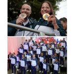 Combo de fotografías de archivo que muestra a los tiradores guatemaltecos Adriana Ruano (d) y Jean Pierre Brol (i) al posar con sus medallas obtenidas en los Juegos Olímpicos París 2024 y (abajo) la delegación deportistas que participó en las olimpiadas. EFE