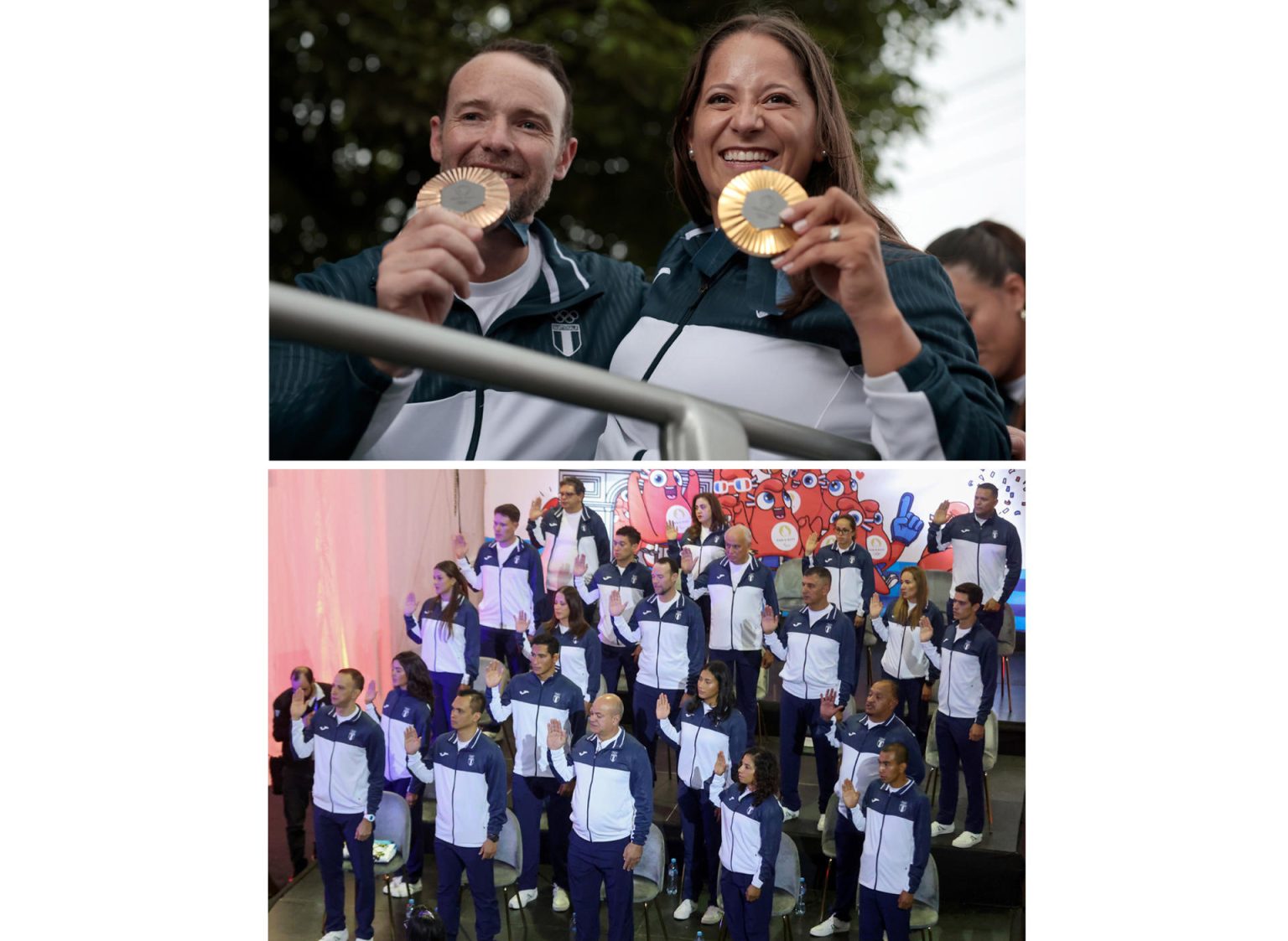 Combo de fotografías de archivo que muestra a los tiradores guatemaltecos Adriana Ruano (d) y Jean Pierre Brol (i) al posar con sus medallas obtenidas en los Juegos Olímpicos París 2024 y (abajo) la delegación deportistas que participó en las olimpiadas. EFE