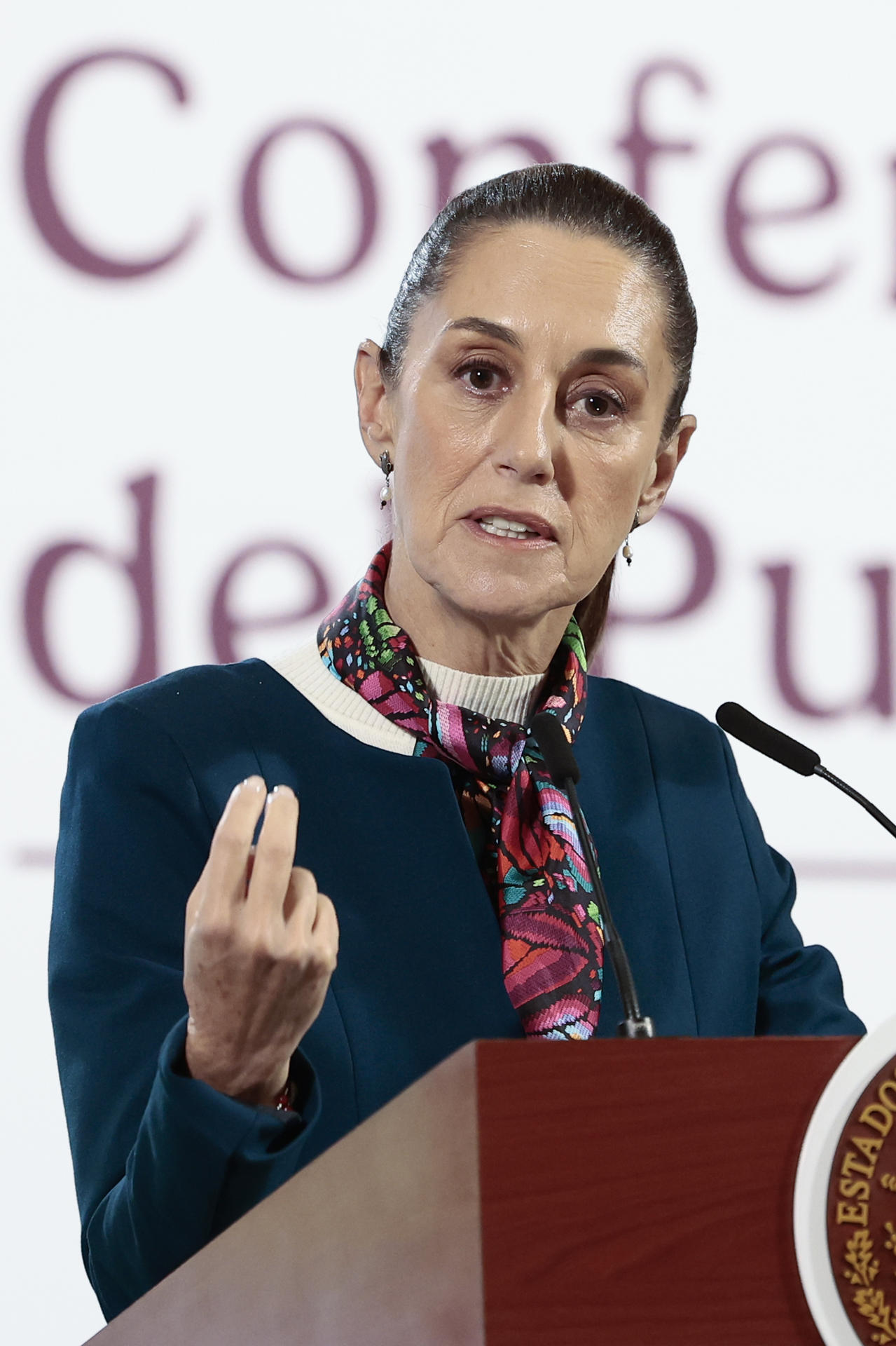 La presidenta de México, Claudia Sheinbaum, habla esta martes durante una rueda de prensa en Palacio Nacional de la Ciudad de México (México). EFE/ José Méndez
