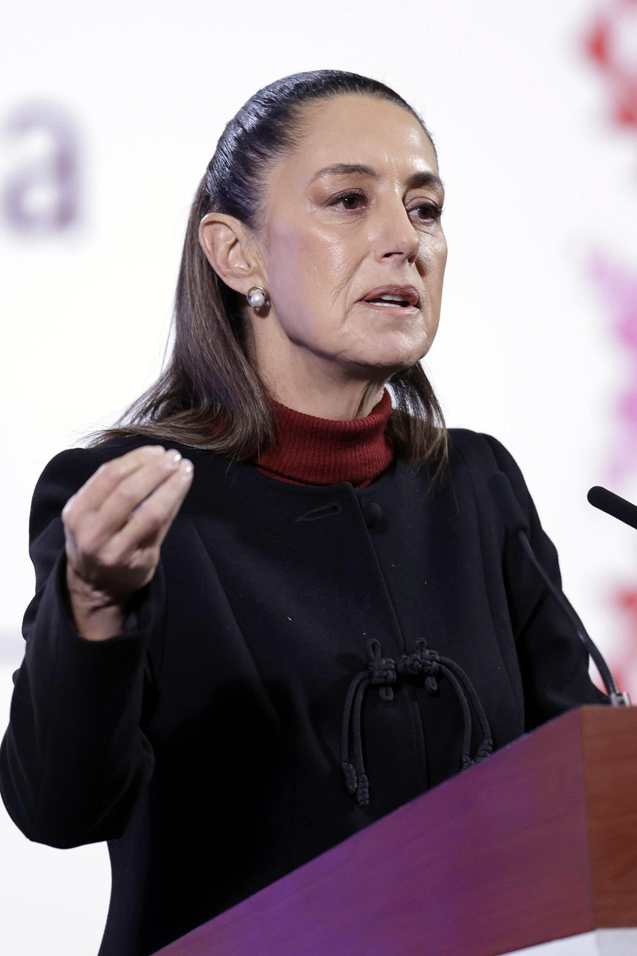 La presidenta de México, Claudia Sheinbaum, habla durante una rueda de prensa este lunes, en el Palacio Nacional de la Ciudad de México (México). EFE/Sáshenka Gutiérrez
