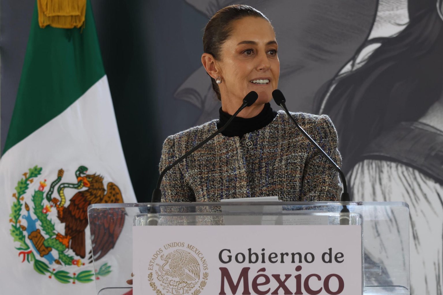 Fotografía cedida por la Presidencia de México, de la presidenta Claudia Sheinbaum, durante un acto protocolario este domingo, en la ciudad de Tlaxcala (México).  EFE/ Presidencia De México /SOLO USO EDITORIAL/NO VENTAS/SOLO DISPONIBLE PARA ILUSTRAR LA NOTICIA QUE ACOMPAÑA (CRÉDITO OBLIGATORIO)