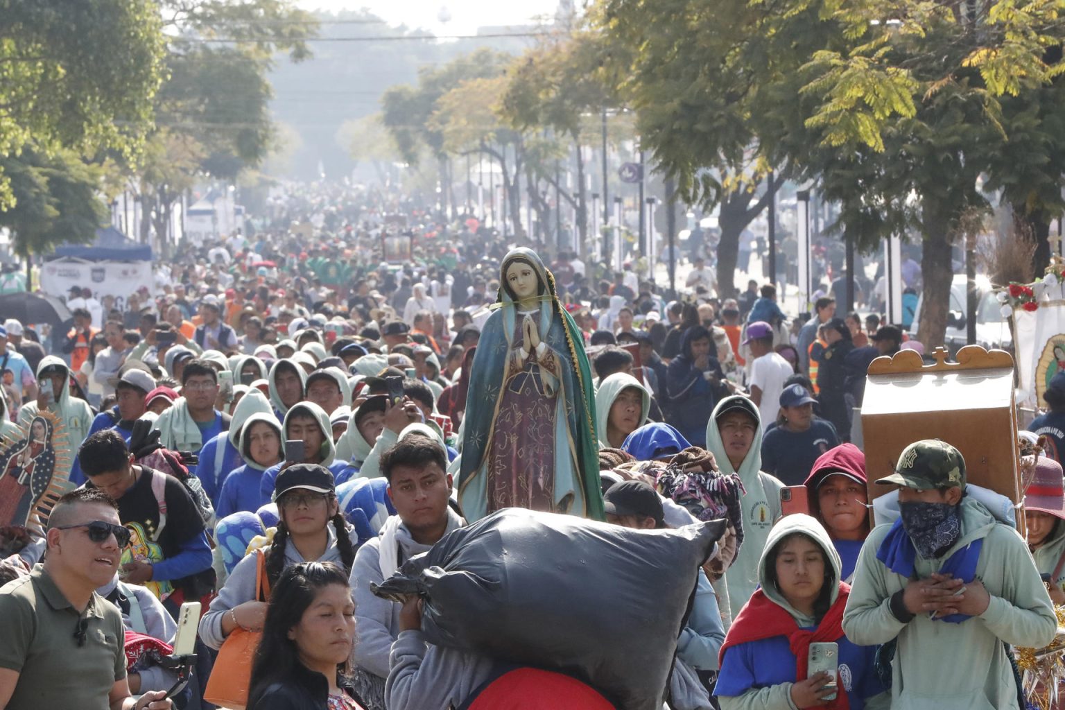 Peregrinos caminan en procesión con una imagen de la Virgen de Guadalupe. EFE/ Mario Guzmán