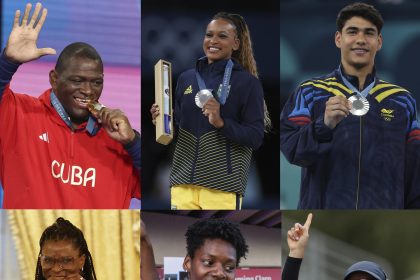 Combo de seis fotografías de archivo donde aparecen, desde la izquierda arriba, el cubano Mijaín López, la brasileña Rebeca Andrade, el colombiano Ángel Barajas, la panameña Atheyna Bylon, la dominianca  Marileidy Paulino y la chilena Francisca Crovetto. EFE/Archivo