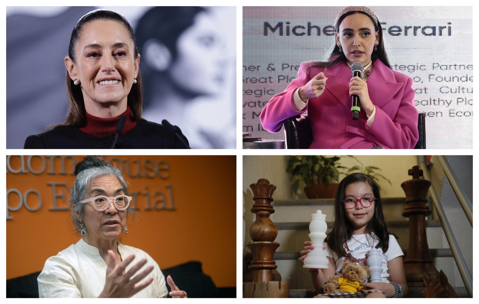 Combo de fotografías de archivo donde se muestra a la presidenta de México Claudia Sheinbaum (i, arriba), la coordinadora del Consejo Asesor Empresarial con el Gobierno de México, Altagracia Gómez (d, arriba), la escritora mexicana Cristina Rivera Garza (i, abajo) y Alondra Bagatella, niña genio campeona de ajedrez de 8 años (d, abajo), en diferentes eventos en México. EFE/Sáshenka Gutiérrez/José Méndez/Isaac Esquivel/Francisco Guasco