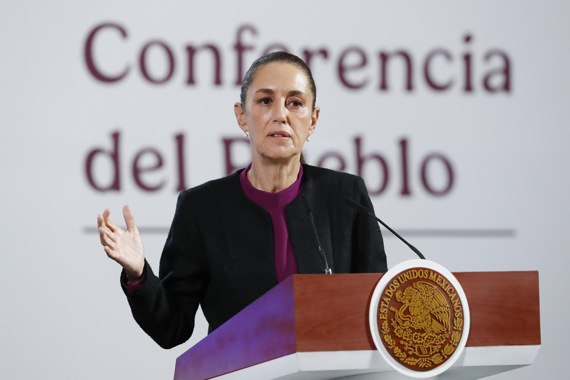 La presidenta de México, Claudia Sheinbaum, participa este miércoles en una rueda de prensa en Palacio Nacional de la Ciudad de México (México). EFE/ Mario Guzmán
