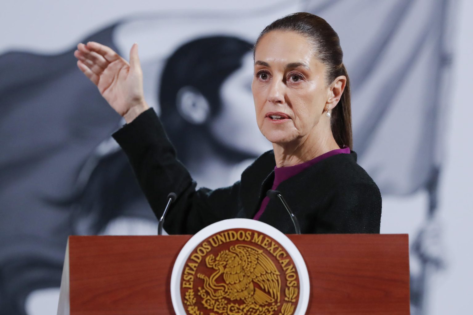 La presidenta de México, Claudia Sheinbaum, participa este miércoles en una rueda de prensa en Palacio Nacional de la Ciudad de México (México). EFE/ Mario Guzmán