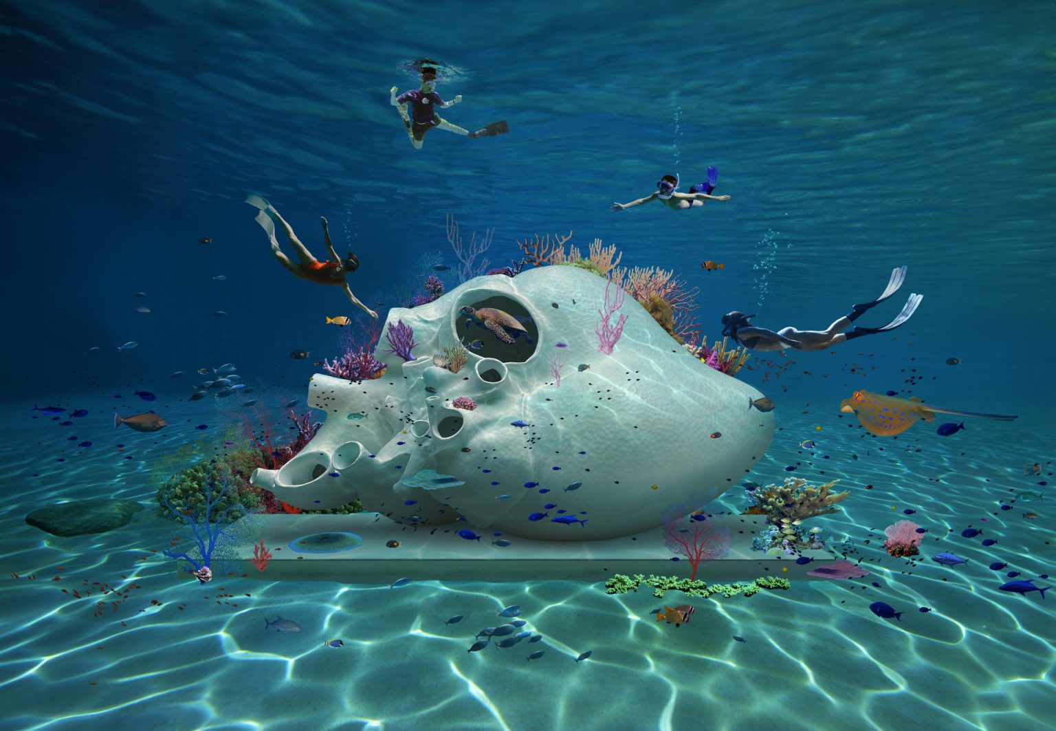 Fotografía cedida por Petroc Sesti donde se muestra la instalación 'Corazón de Okeanos', una escultura en forma de corazón para escuchar los latidos del océano, puesta debajo del agua en Miami Beach, Florida (Estados Unidos). EFE/Petroc Sesti /SOLO USO EDITORIAL /NO VENTAS /SOLO DISPONIBLE PARA ILUSTRAR LA NOTICIA QUE ACOMPAÑA /CRÉDITO OBLIGATORIO