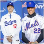 Presentacions de Juan Soto con los Mets este jueves (dch) y de Ohtani con los Dodgers el 15 de diciembre de 2023. . EFE/Caroline Breham/Sarah Yenesel