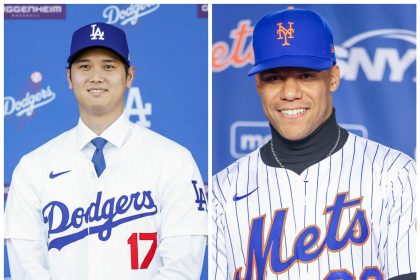 Presentacions de Juan Soto con los Mets este jueves (dch) y de Ohtani con los Dodgers el 15 de diciembre de 2023. . EFE/Caroline Breham/Sarah Yenesel