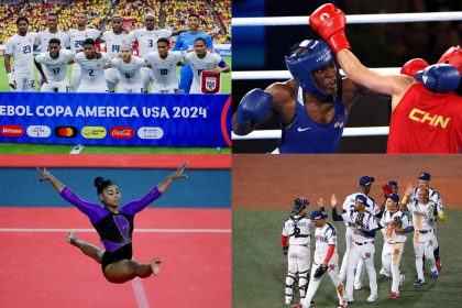 Combo de fotografías de archivo que muestran a la selección masculina de fútbol de Panamá (arriba-i), a la boxeadora panameña Atheyna Bylon (arriba-d), a la gimnasta panameña Hillary Heron (abajo-i) y al equipo de béisbol de Panamá. EFE