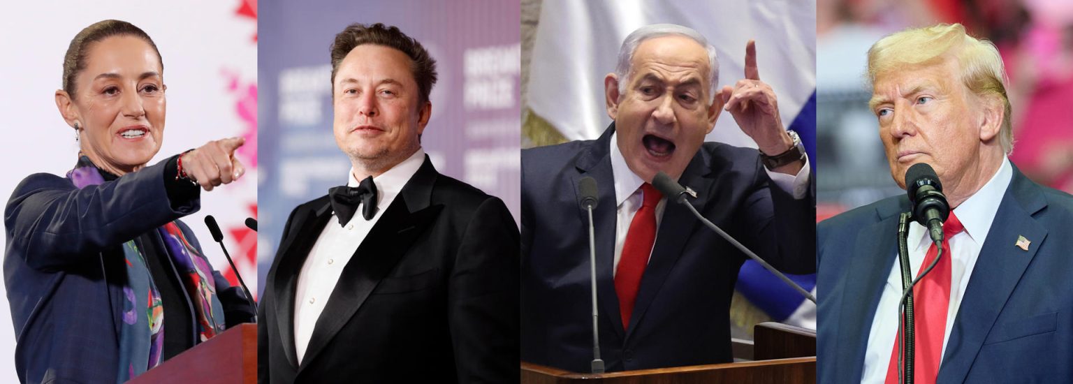 Combo de fotografías de archivo donde se observan de izquierda a derecha, a la presidenta de Mexico Claudia Sheinbaum, el consejero delegado de Tesla, Elon Musk, el primer ministro israelí, Benjamín Netanyahu y el presidente electo de EE.UU., Donald Trump. EFE/ ARCHIVO