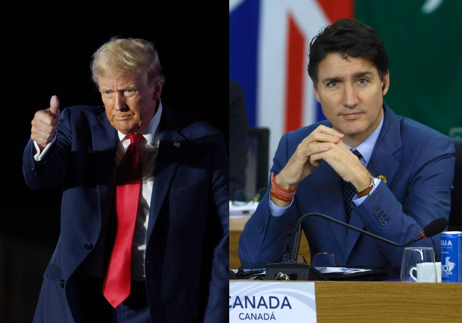 Combo de fotografías de archivo del presidente electo de Estados Unidos, Donald Trump (i), durante un acto de campaña en Pensilvania (Estados Unidos), y el primer ministro canadiense, Justin Trudeau. EFE/ Will Oliver / Sebastiao Moreira