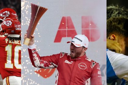 Combo de fotografías de archivo de los jugadores de Kansas City Chiefs (i), del británico Oliver Rowland de Nissan Formula E (c) y de Teo Rodríguez, jugador de la Selección de Argentina sub-20, protagonistas del resumen deportivo en América en el primer mes de 2025. EFE/ John G. Mabanglo/ José Méndez /juan Carlos Hernández