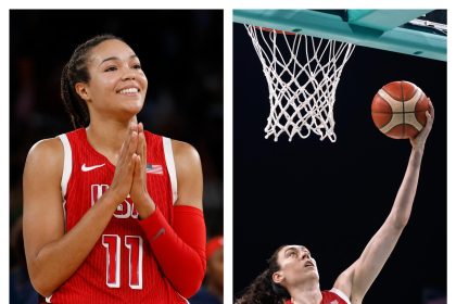 Las jugadoras estadounidenses de baloncesto, Breanna Stewart (dch) y Napheesa Collier. EFE/ALEX PLAVEVSKI/CAROLINE BREHMAN