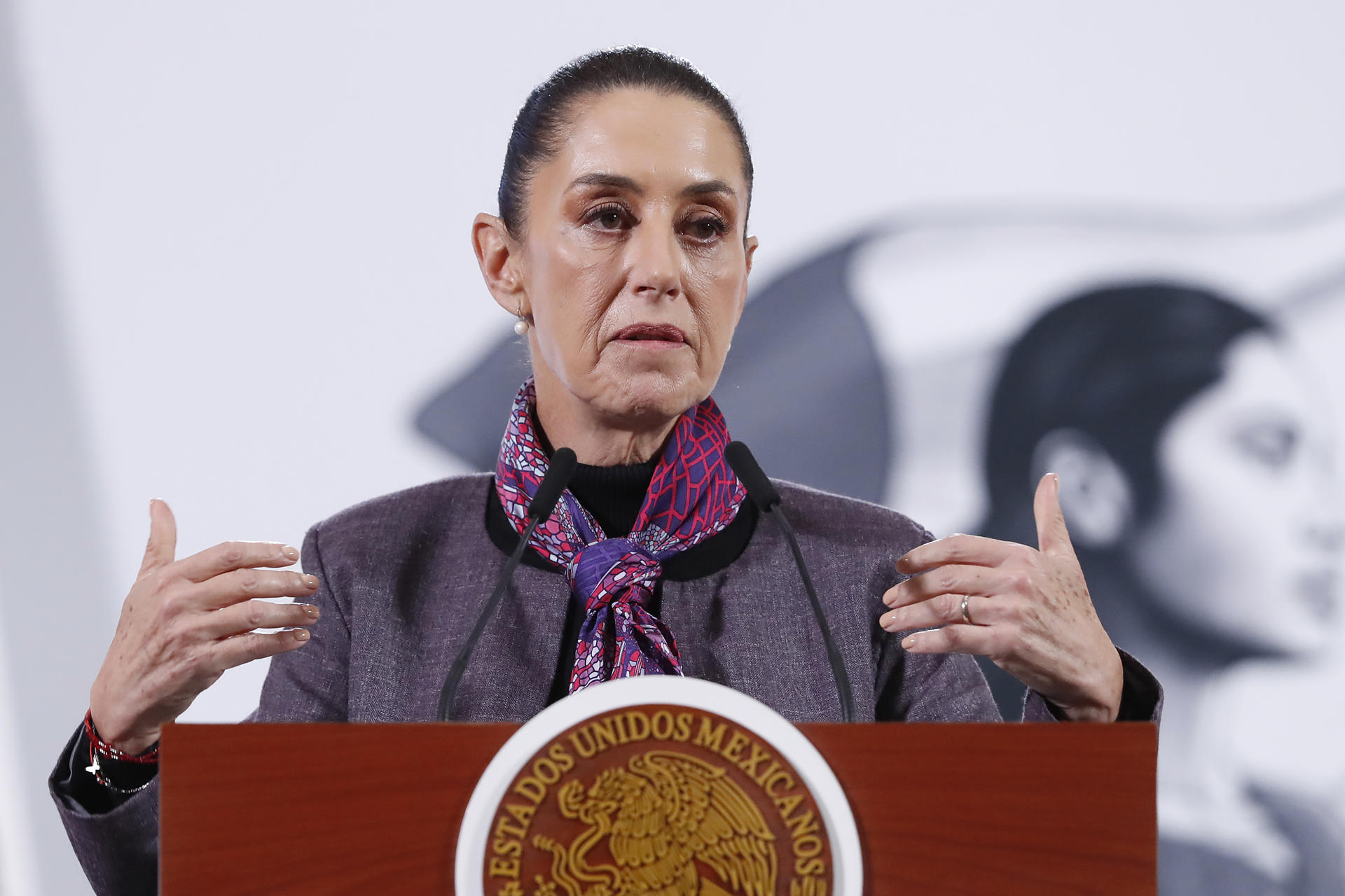 La presidenta de México, Claudia Sheinbaum habla durante una rueda de prensa este martes, en el Palacio Nacional de la Ciudad de México (México). EFE/ Mario Guzmán
