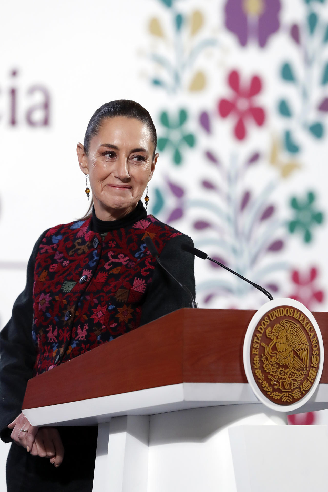 La presidenta de México, Claudia Sheinbaum, sonríe durante una rueda de prensa este miércoles, en el Palacio Nacional de la Ciudad de México (México). EFE/ Mario Guzmán
