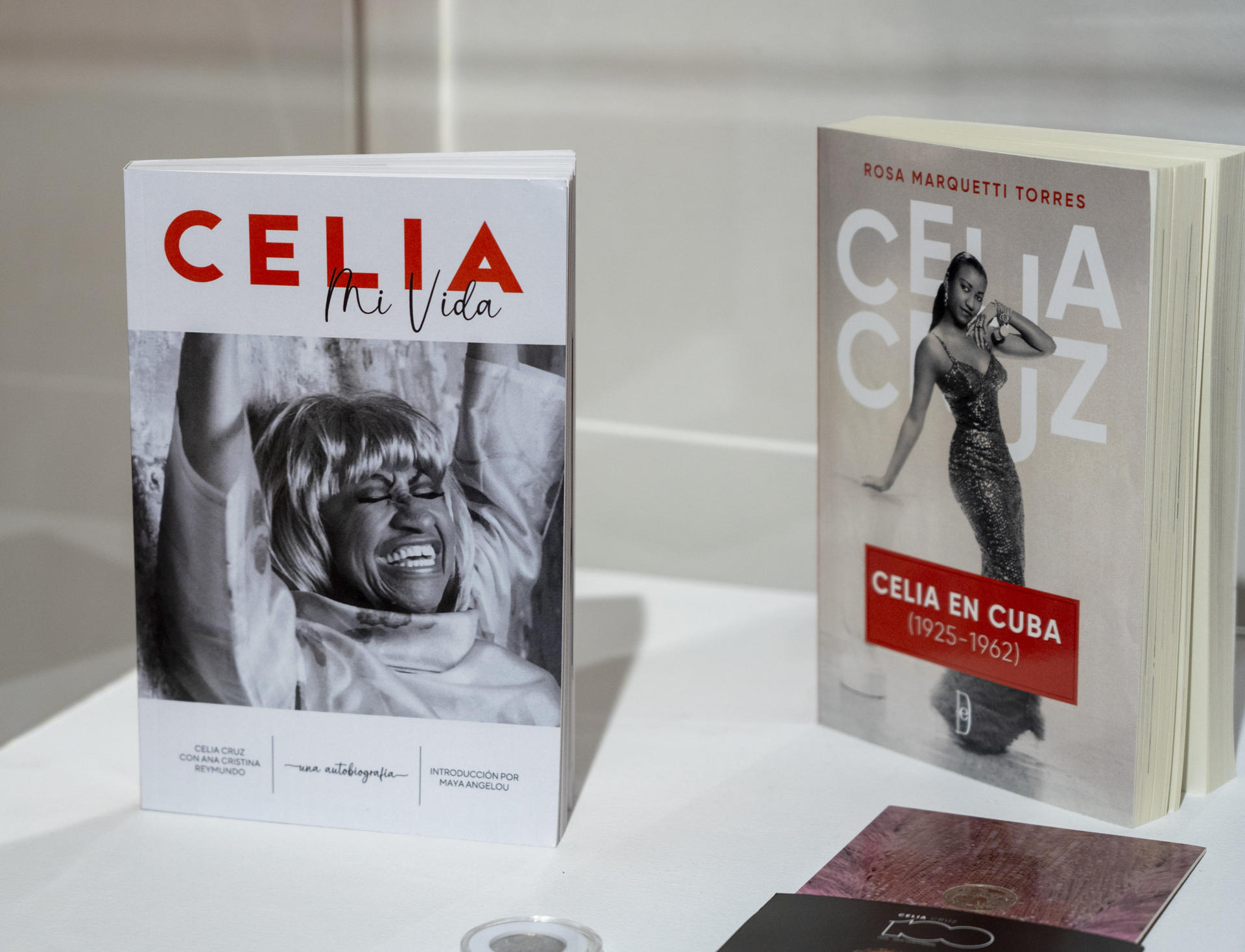 Fotografía cedida por la universidad Miami Dade College (MDC) donde aparecen dos libros sobre la vida de la cantante cubana Celia Cruz expuestos este miércoles durante la inauguración de la exposición 'Celia Cruz: Work' en la Galería de Arte del Recinto Hialeah del MDC. EFE/MDC /SOLO USO EDITORIAL /NO VENTAS /SOLO DISPONIBLE PARA ILUSTRAR LA NOTICIA QUE ACOMPAÑA /CRÉDITO OBLIGATORIO
