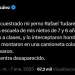 Captura de pantalla de una publicación en la cuenta oficial de la red social X del líder opositor de Venezuela Edmundo González Urrutia, donde denuncia este martes el secuestro de su yerno Rafael Tudares, en Caracas (Venezuela). EFE/ Cuenta De X De Edmundo González Urrutia / SOLO USO EDITORIAL/ SOLO DISPONIBLE PARA ILUSTRAR LA NOTICIA QUE ACOMPAÑA (CRÉDITO OBLIGATORIO)