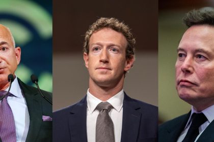 Combo de fotografías de archivo donde se observa al CEO de Tesla y director de X , Elon Musk (d); al CEO de meta, Mark Zuckerberg (c), y al presidente ejecutivo de Amazon, Jeff Bezos. EFE/ Robert Perry/Tasos Katopodis/Allison Robbert