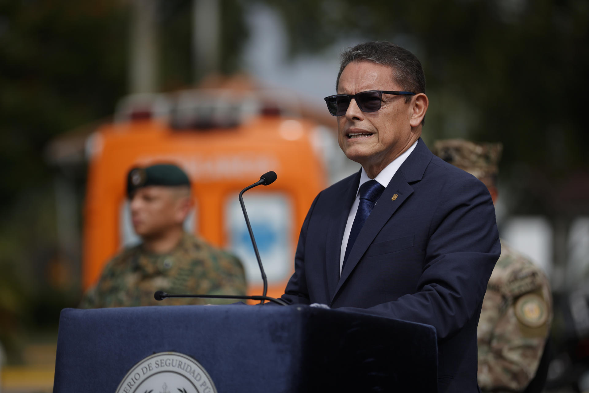 El ministro de Seguridad Pública de Panamá, Frank Ábrego, habla durante una rendición de cuentas este lunes, en la Ciudad de Panamá (Panamá). EFE/ Bienvenido Velasco
