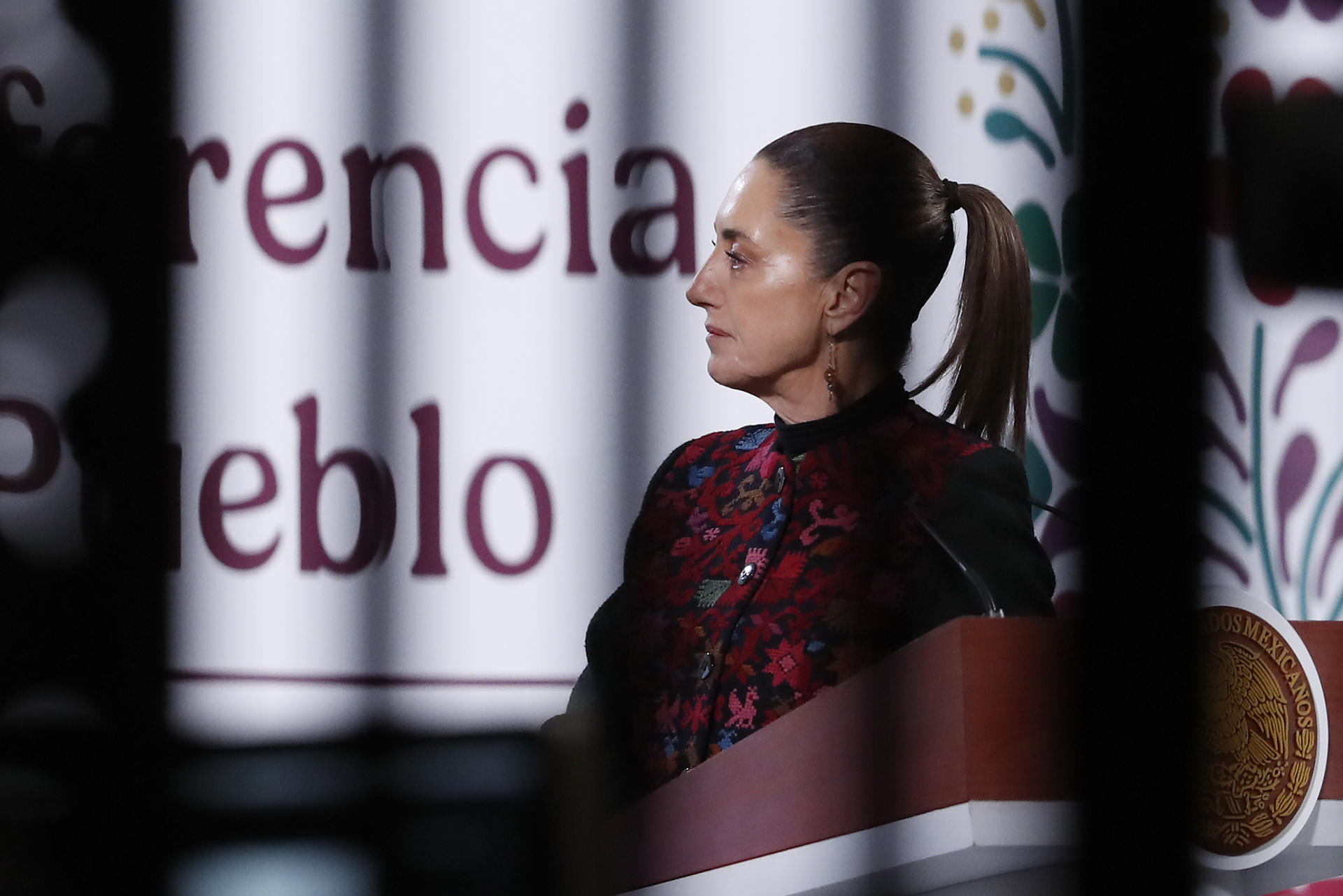 La presidenta de México, Claudia Sheinbaum, habla durante una rueda de prensa este miércoles, en el Palacio Nacional de la Ciudad de México (México). EFE/ Mario Guzmán
