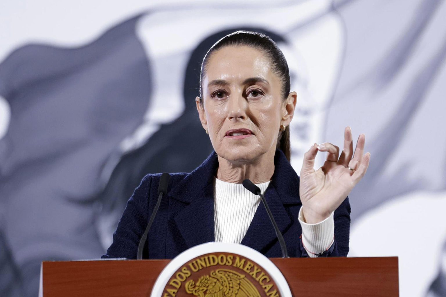 La presidenta de México, Claudia Sheinbaum, participa el 30 de diciembre de 2024 en una rueda de prensa en Palacio Nacional de la Ciudad de México (México). EFE/Sáshenka Gutiérrez