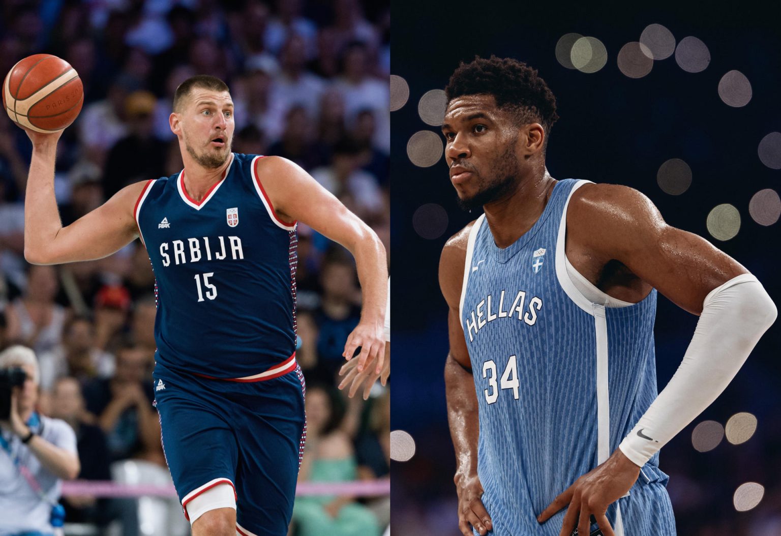 Combo de fotografías de archivo del serbio Nikola Jokic (i) durante un partido contra Puerto Rico, y el griego Giannis Antetokounmpo durante un partido contra Australia. EFE/ Alex Plavevski