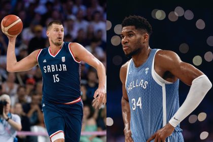 Combo de fotografías de archivo del serbio Nikola Jokic (i) durante un partido contra Puerto Rico, y el griego Giannis Antetokounmpo durante un partido contra Australia. EFE/ Alex Plavevski