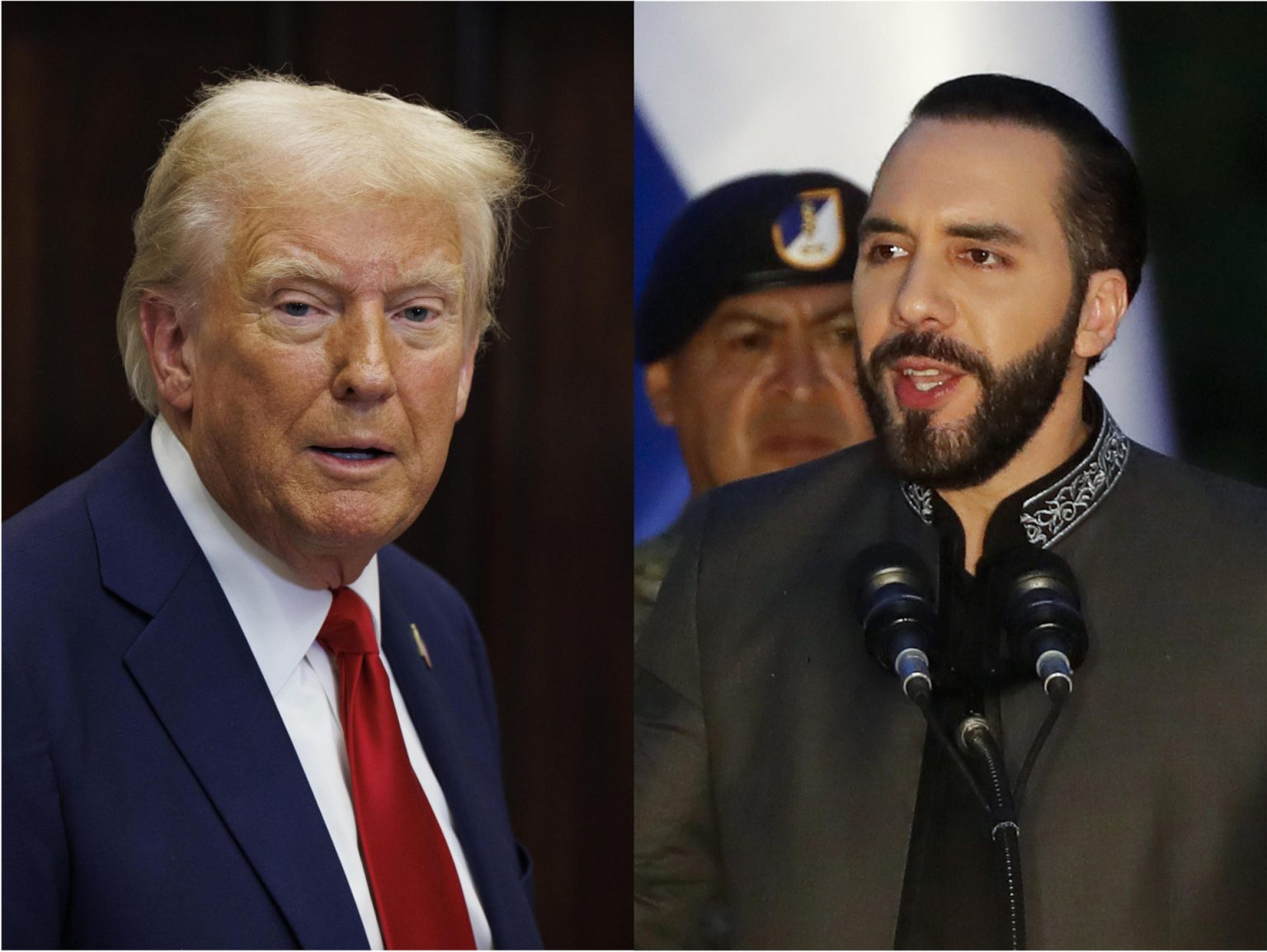 Combo de dos fotografías donde aparecen el presidente de los Estados Unidos, Donald Trump (i), y su homólogo de El Salvador, Nayib Bukele. EFE/ Rodrigo Sura /Aaron Schwartz