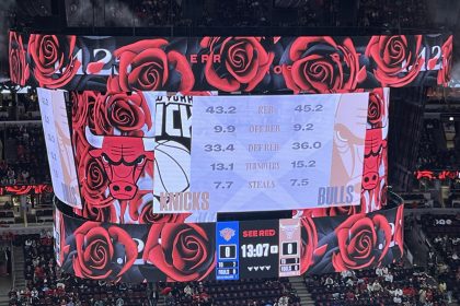 Fotografía de una  pantalla LED en el United Center de Chicago durante el homenaje, este sábado, ofrecido por Chicago Bulls a Derrick Rose, elegido como número uno absoluto en el draft de 2008, MVP en 2011 y uno de los mejores jugadores de su historia, quien anunció en septiembre su retirada del baloncesto tras 16 años en la NBA. EFE/ Andrea Montolivo