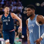 Fotografías de archivo del serbio Nikola Jokic de los Denver Nuggets (i) y el griego Giannis Antetokounmpo de los Milwaukee Bucks, quienes lideran las votaciones para el All-Star del 16 de febrero en San Francisco. EFE/ Alex Plavevski