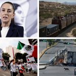 Combo de fotografías de archivo de izquierda-arriba, la presidenta de México, Claudia Sheinbaum; migrantes viajando en el techo de un tren conocido como "La Bestia"; personas protestando contra la reforma judicial; y vehículos calcinados tras enfrentamientos entre fuerzas federales y grupos armados, en diferentes eventos en México. EFE/Sáshenka Gutiérrez/Luis Torres/José Méndez/Juan Carlos Cruz