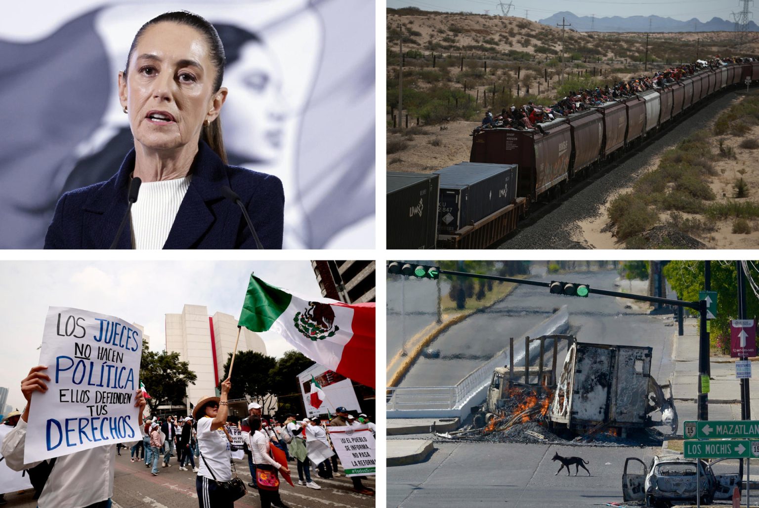 Combo de fotografías de archivo de izquierda-arriba, la presidenta de México, Claudia Sheinbaum; migrantes viajando en el techo de un tren conocido como "La Bestia"; personas protestando contra la reforma judicial; y vehículos calcinados tras enfrentamientos entre fuerzas federales y grupos armados, en diferentes eventos en México. EFE/Sáshenka Gutiérrez/Luis Torres/José Méndez/Juan Carlos Cruz