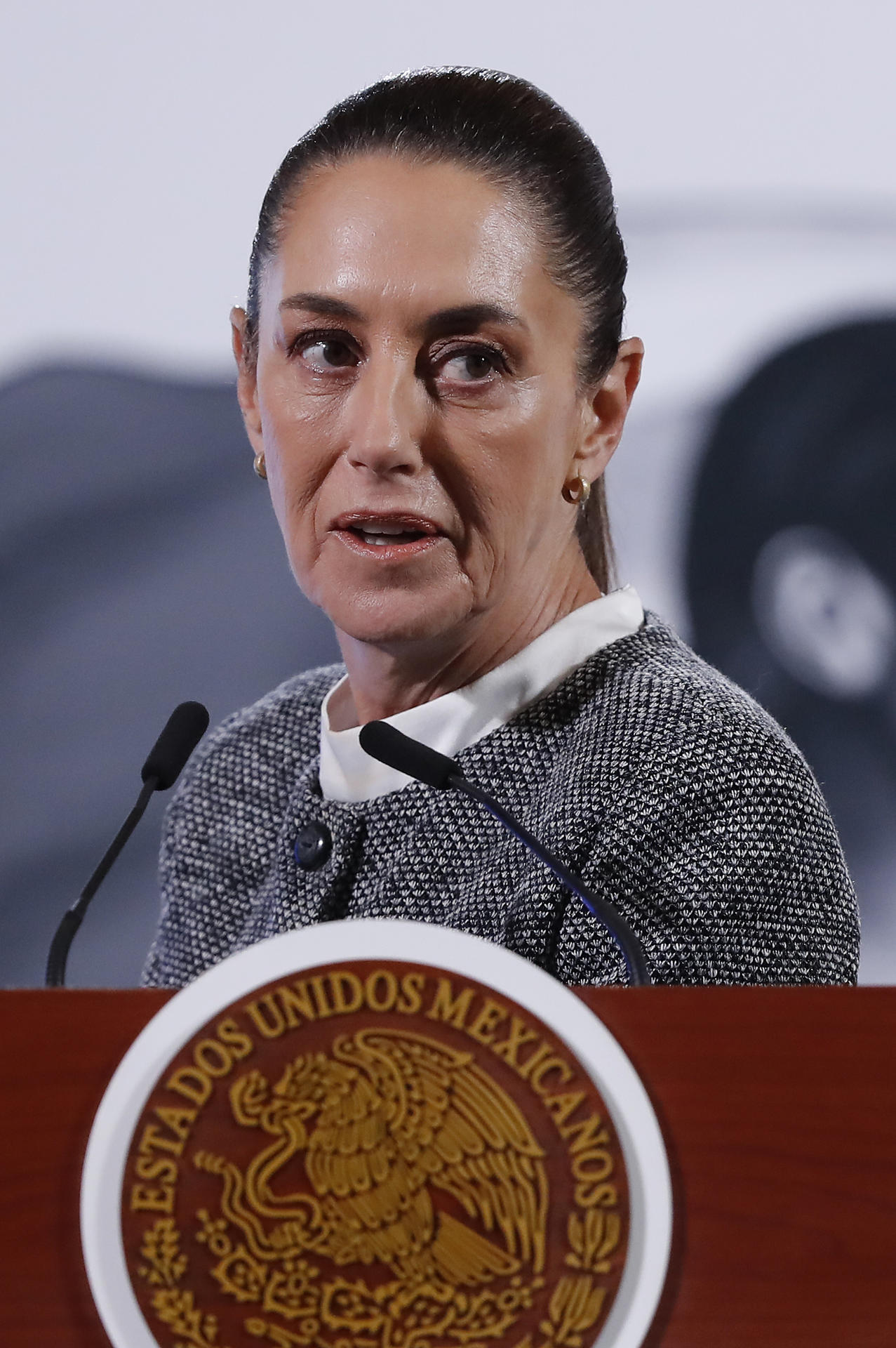 La presidenta de México, Claudia Sheinbaum, habla durante su rueda de prensa diaria este lunes, en el Palacio Nacional en la Ciudad de México (México). EFE/ Mario Guzmán
