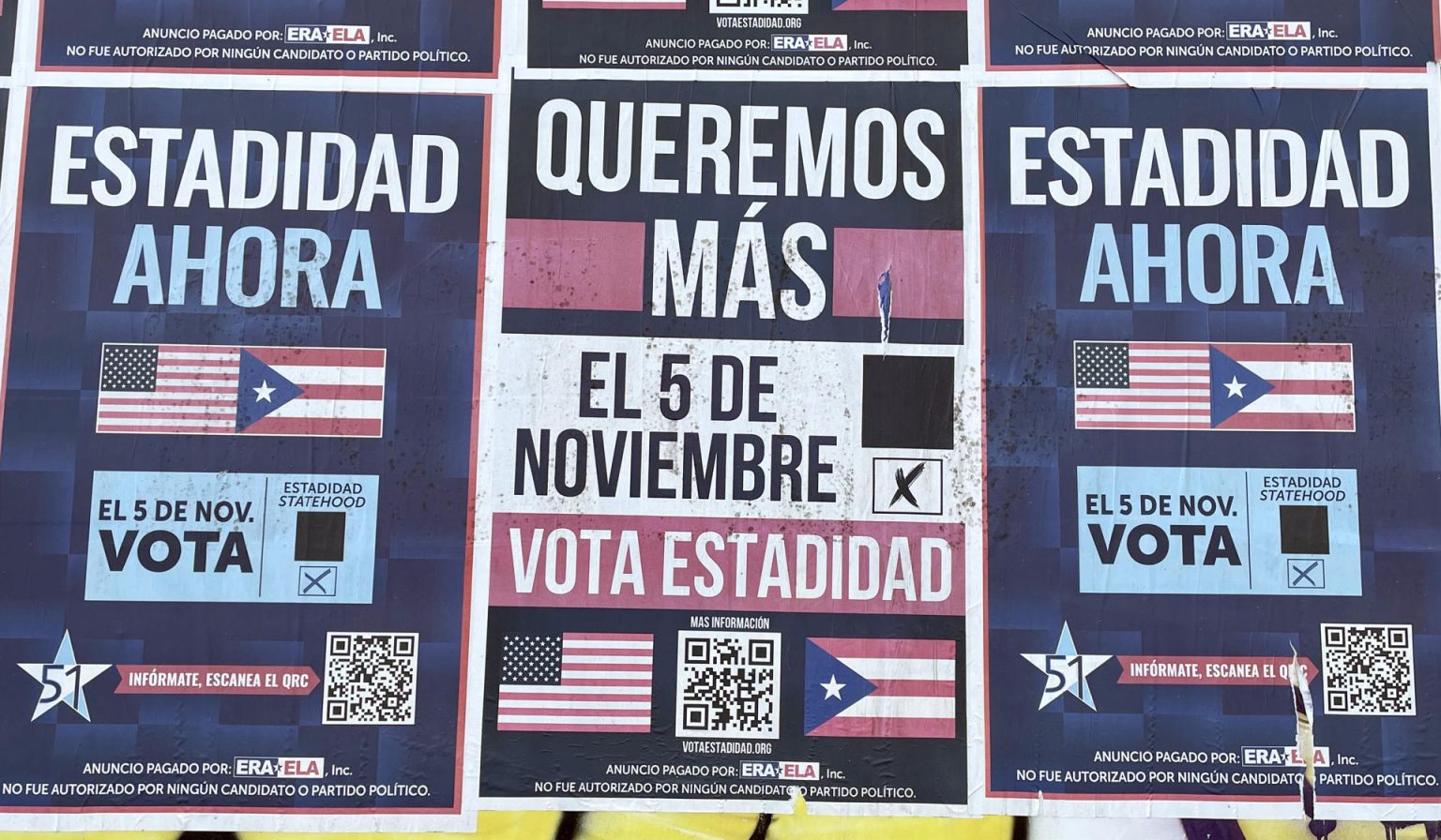 Fotografía de archivo de carteles que piden votar a favor de la estadidad de Puerto Rico, en una calle de San Juan (Puerto Rico). EFE/ Marina Villén