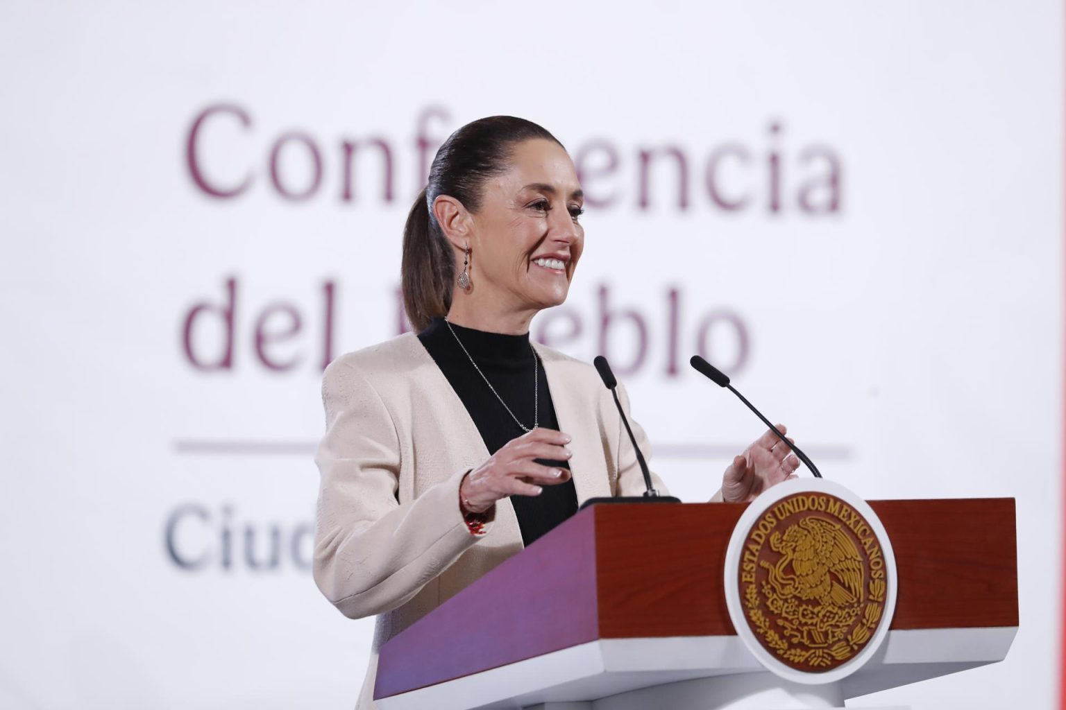 La presidenta de México, Claudia Sheinbaum, participa este miércoles, durante una rueda de prensa matutina en Palacio Nacional de la Ciudad de México (México). EFE/Mario Guzmán