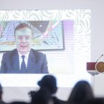 El secretario de Economía, Marcelo Ebrard, participa virtualmente en la rueda de prensa de la presidenta de México, Claudia Sheinbaum, este jueves en Palacio Nacional de Ciudad de México (México). EFE/ Isaac Esquivel