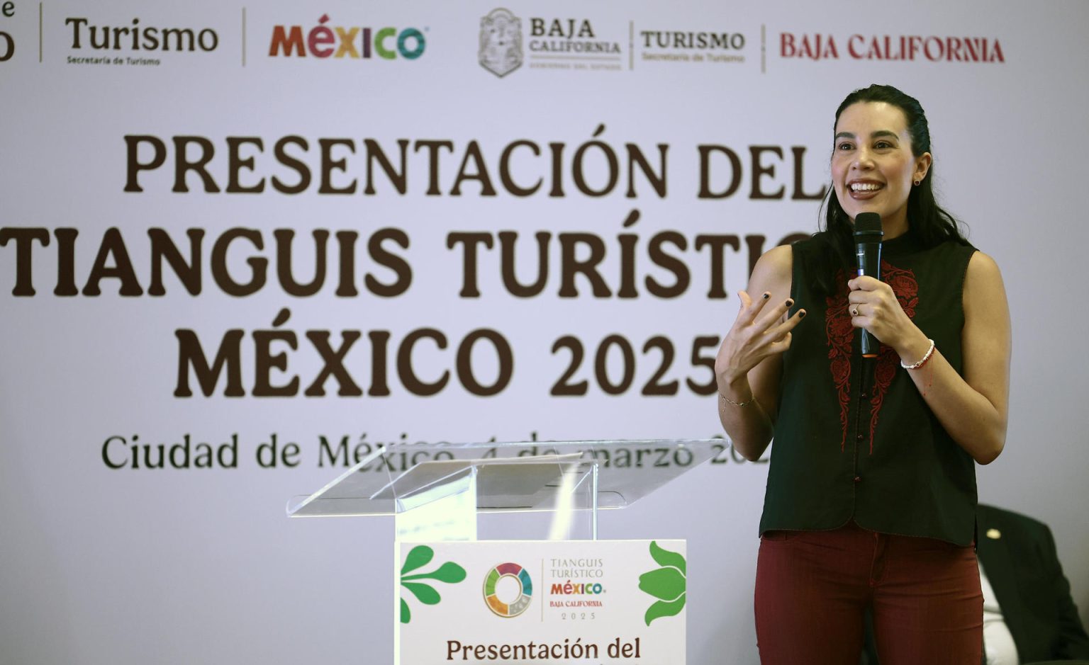 La secretaria de Turismo de México, Josefina Rodríguez Zamora, habla durante una conferencia de prensa este martes, en Ciudad de México (México). EFE/ José Méndez