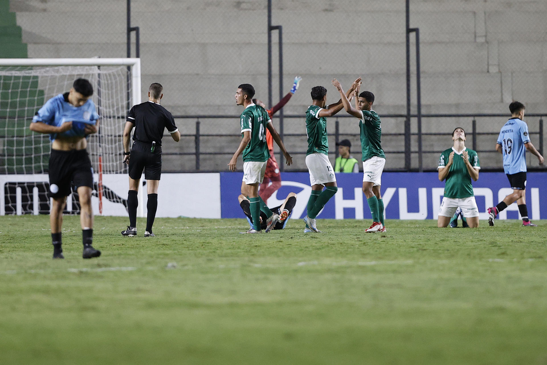 Jugadores de Palmeiras celebran este jueves la clasificación a la final de la Copa Libertadores Sub-20 en el estadio asunceno Arsenio Erico. EFE/ Juan Pablo Pino
