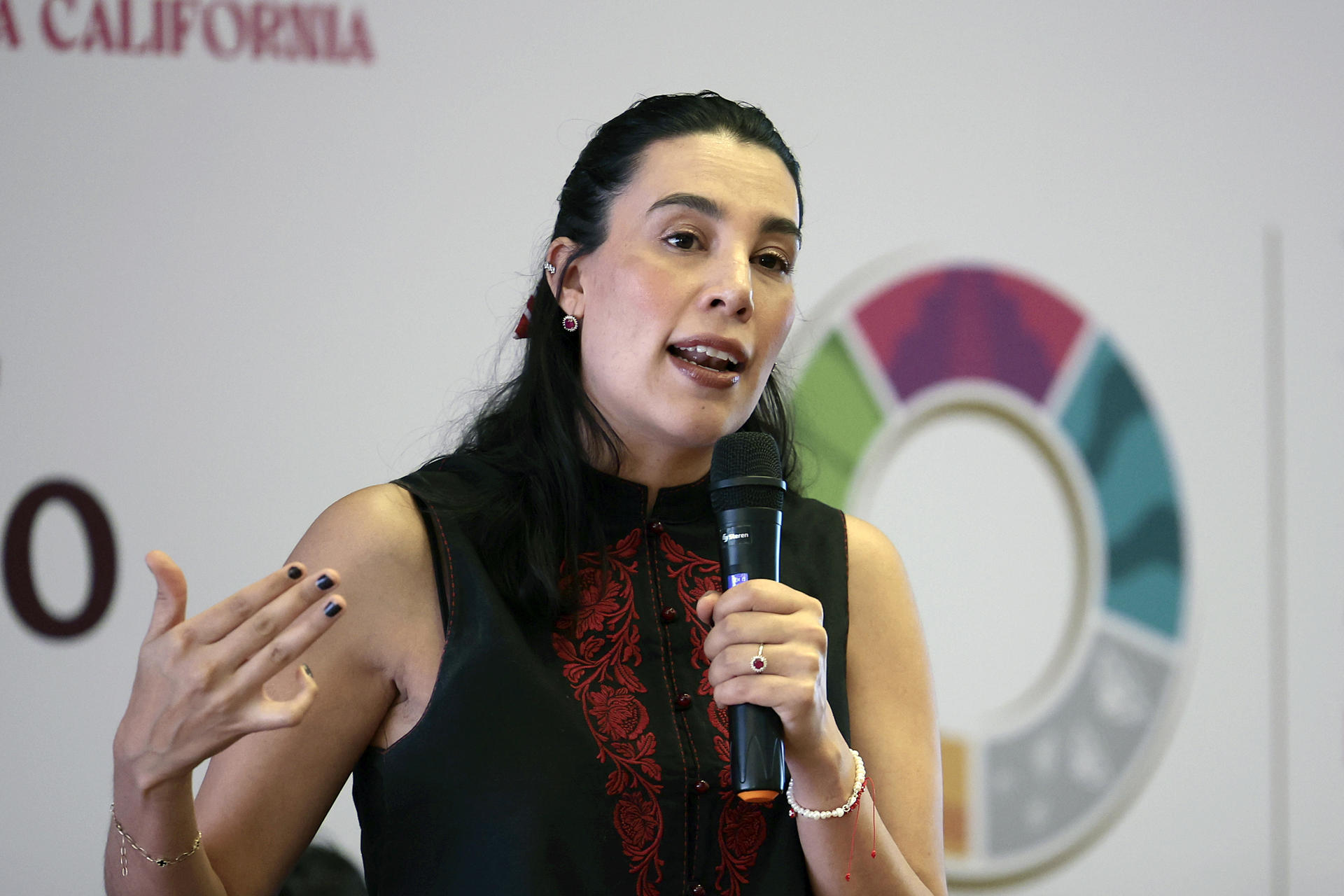 La secretaria de Turismo de México, Josefina Rodríguez Zamora, habla durante una conferencia de prensa este martes, en Ciudad de México (México). EFE/ José Méndez
