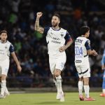 El exjugador del Real Madrid Sergio Ramos celebra este sábado su segundo gol desde que ha llegado a México para reforzar a Monterrey. EFE/José Méndez