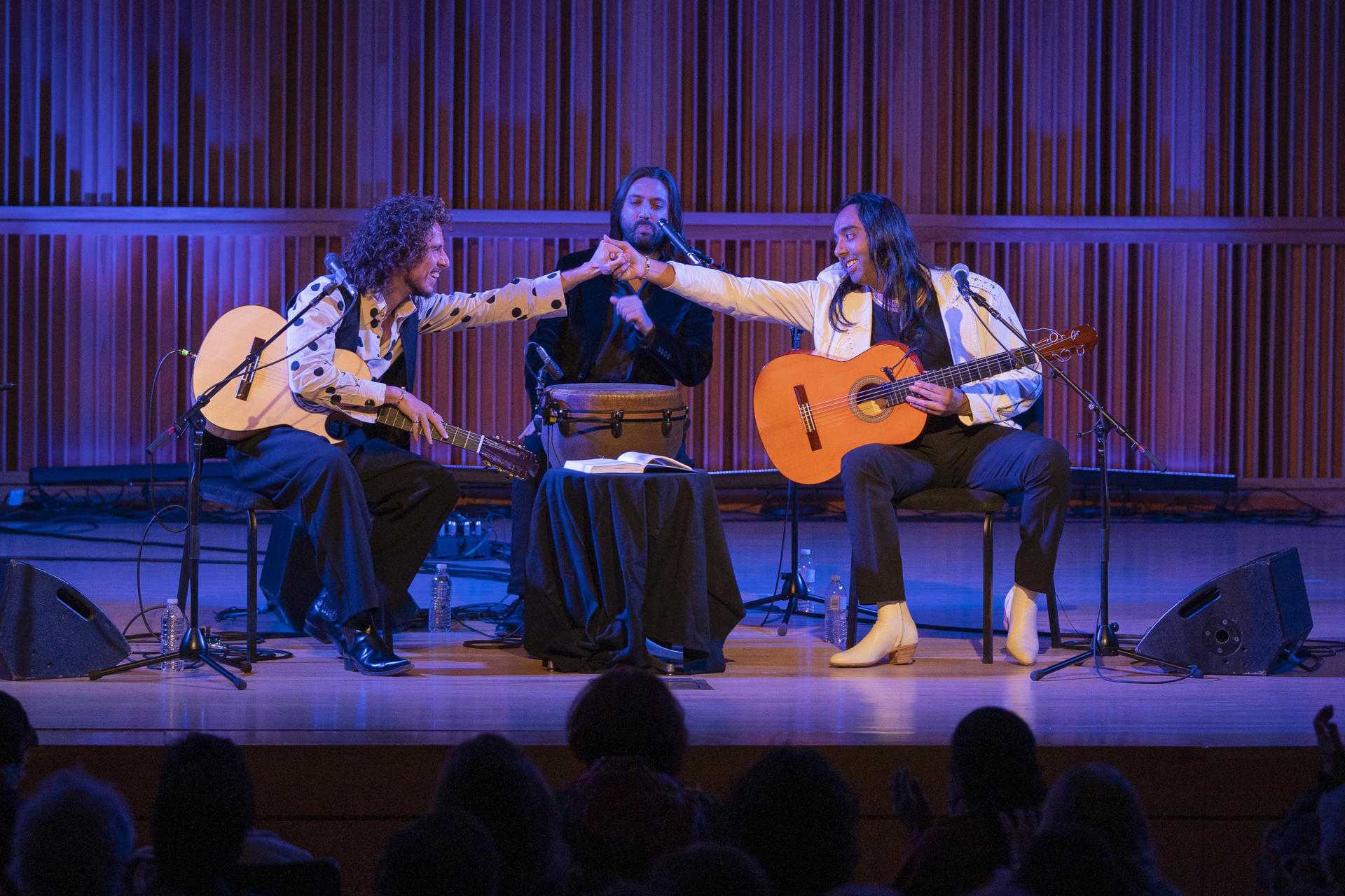 Los músicos de flamenco contemporáneo, Kike Morente (i), Juan Carmona (c) y Carlos Jacoba realizan un concierto durante el Festival de Flamenco este miércoles, en la Universidad Municipal de Nueva York (Estados Unidos). EFE/ Ángel Colmenares
