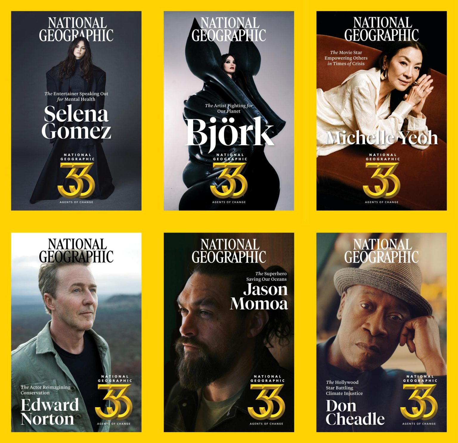 Fotografía cedida por National Geographic donde aparecen la cantante y actriz Selena Gómez, la cantante Björk, la actriz Michelle Yeoh, y los actores Edward Norton, Jason Momoa, y Don Cheadle en la portada de abril de National Geographic. EFE/ National Geographic /SOLO USO EDITORIAL/NO VENTAS/SOLO DISPONIBLE PARA ILUSTRAR LA NOTICIA QUE ACOMPAÑA (CRÉDITO OBLIGATORIO)