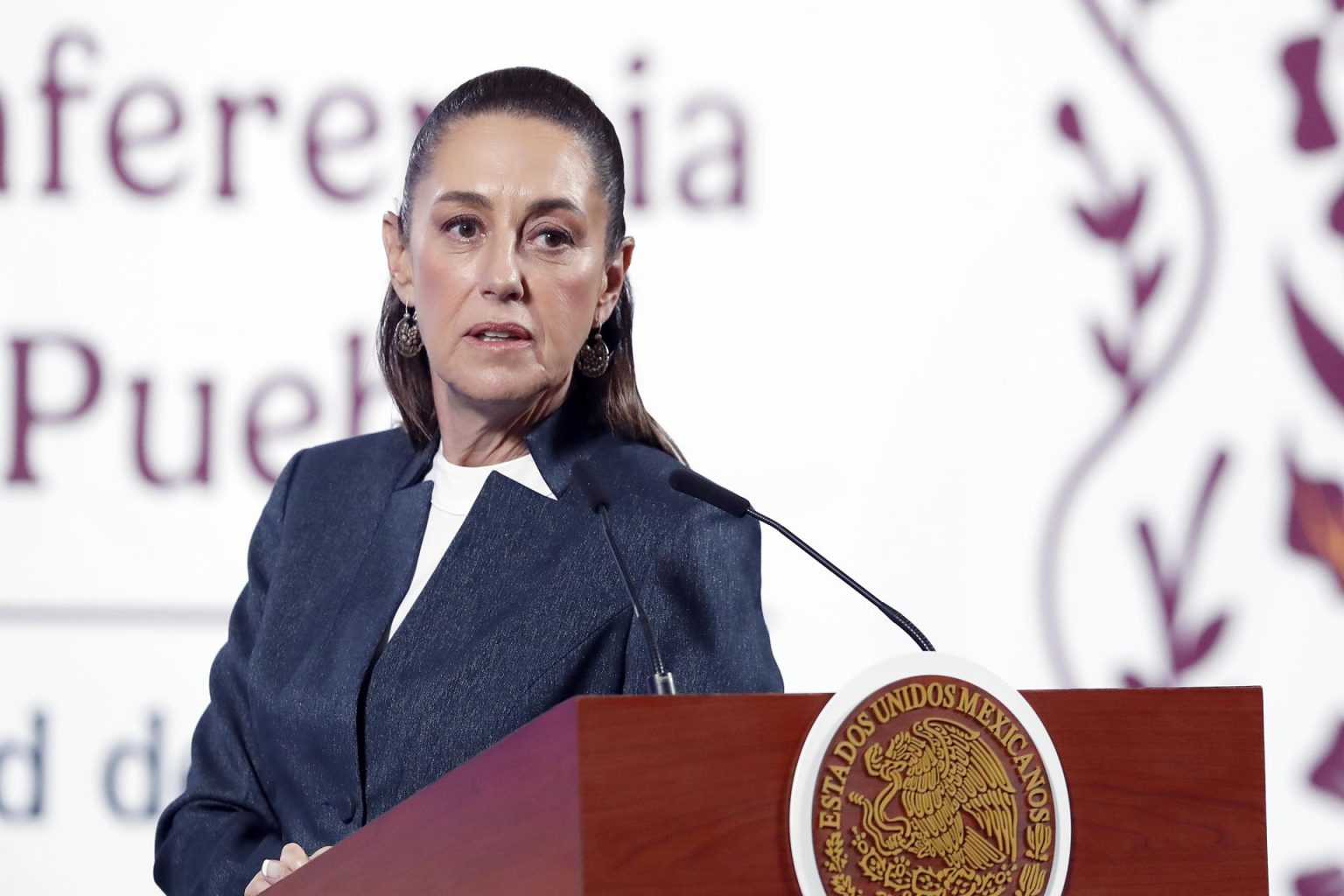 La presidenta de México, Claudia Sheinbaum, habla este lunes durante su conferencia mañanera en Palacio Nacional de la Ciudad de México (México). EFE/Mario Guzmán