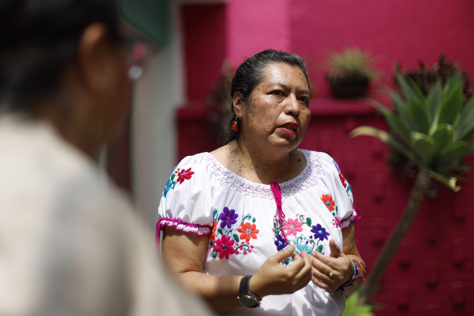 Fotografía del 9 de marzo de 2025 de la integrante del Consejo de Mayoras de la Coordinadora Nacional de Mujeres Indígenas (Conami), Norma Don Juan Cruz, hablando durante una entrevista con EFE en Ciudad de México (México). EFE/ Sáshenka Gutiérrez