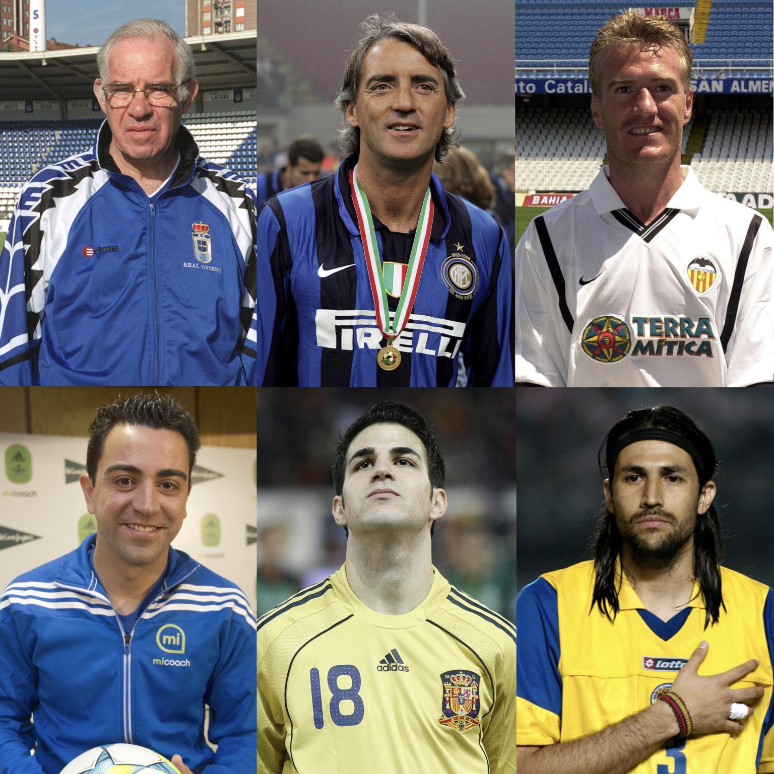 Combo de fotografías de archivo que muestra de izquierda a derecha arriba a los entrenadores Luis Aragonés, Roberto Mancini, Didier Deschamps, abajo Xavi Hernández, Cesc Fábregas y Mario Yepes. EFE/Archivo